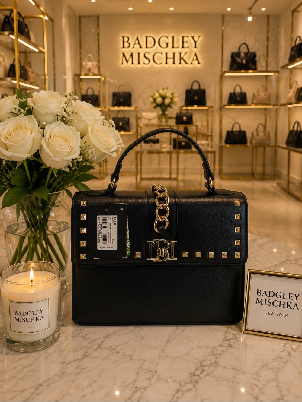 Badgley Mischka Black Leather Studded Top-Handle Satchel